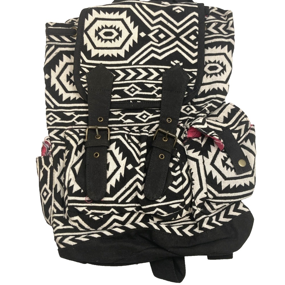 New‎ Stone Mountain Backpack Boho Black White Tribal Print w/ Pink Lining